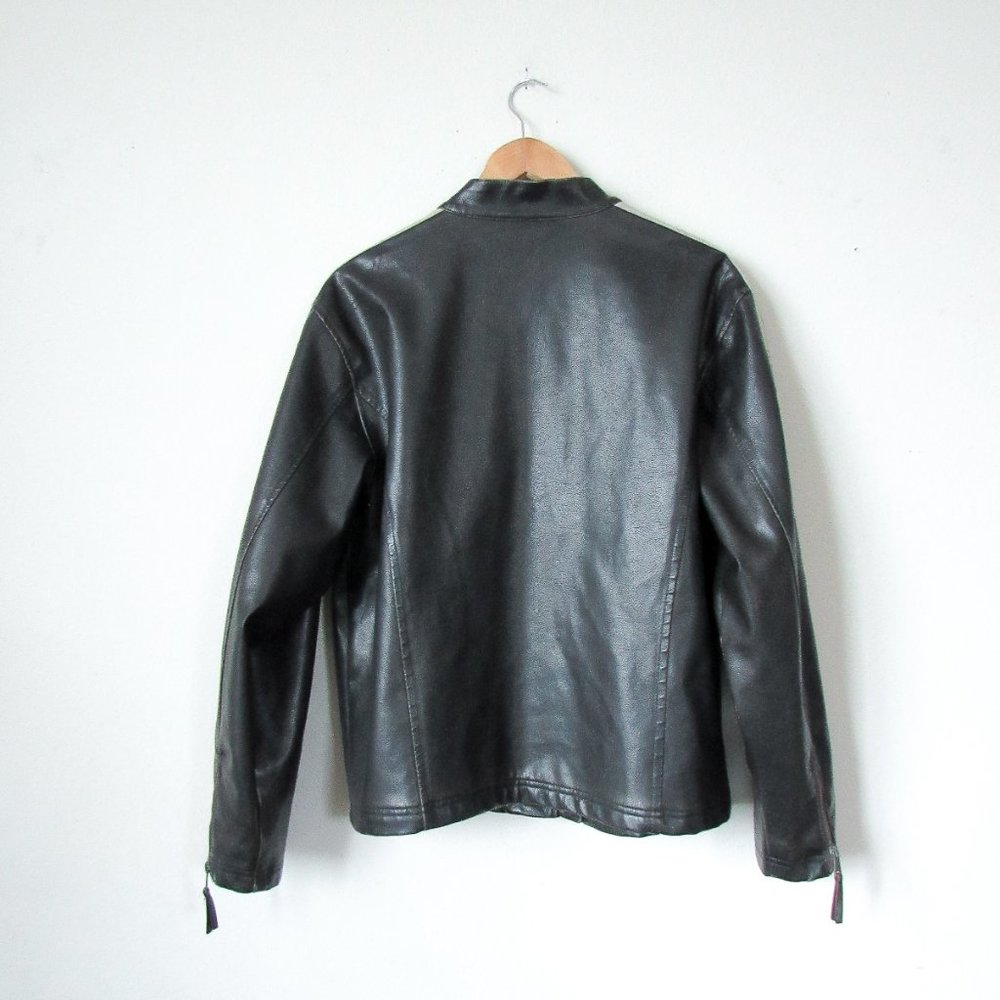 VINTAGE 90s Faux Leather Moto Jacket Sporty Stripes Size Men's M or Womens M/L - Picture 3 of 16